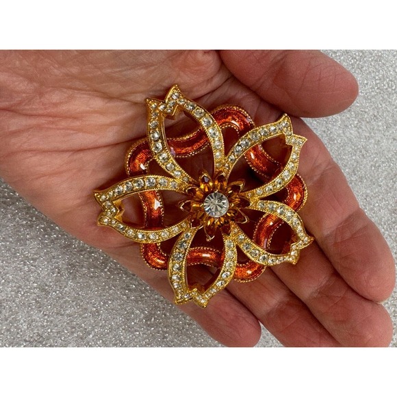 Nolan Miller Orange Enamel & Crystal Floral Flower Pin Brooch Gold Tone 2.5" - Picture 5 of 5